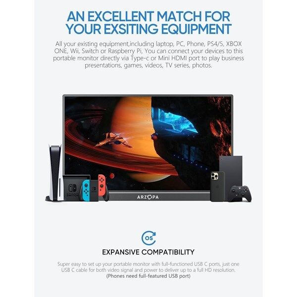 ARZOPA 17.3'' IPS A1M 60Hz USB-C/mHDMI Multimedya Taşınabilir Monitör (1920 X 1080)