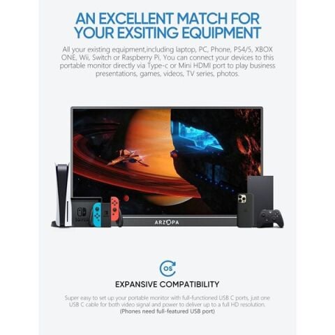 ARZOPA 17.3'' IPS A1M 60Hz USB-C/mHDMI Multimedya Taşınabilir Monitör (1920 X 1080)