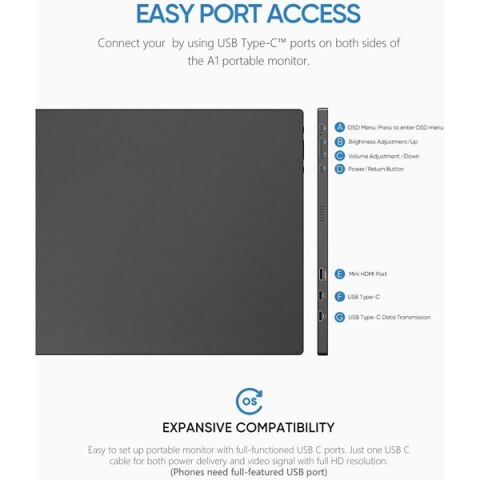 ARZOPA 15.6'' IPS A1 T 60Hz USB-C/mHDMI Dokunmatik Taşınabilir Monitör (1920 X 1080)