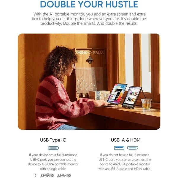 ARZOPA 15.6'' IPS A1 T 60Hz USB-C/mHDMI Dokunmatik Taşınabilir Monitör (1920 X 1080)