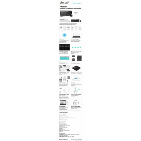 A4 TECH FB2535C Bluetooth Kablosuz Q Trk Optic Mouse Siyah/Gri Multimedya Klavye - Mouse Set