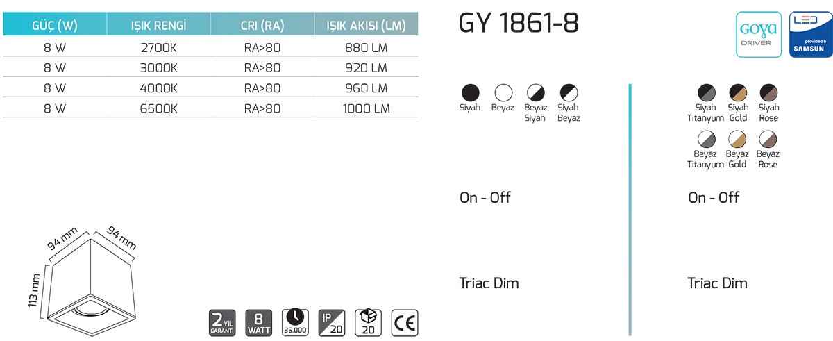 Goya Gy 1861-8 8 Watt Triac Dim Sıva Üstü SMD Ledli Armatür