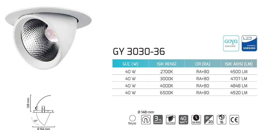 Goya Gy 3030-36 40 Watt COB Ledli Mağaza Armatür