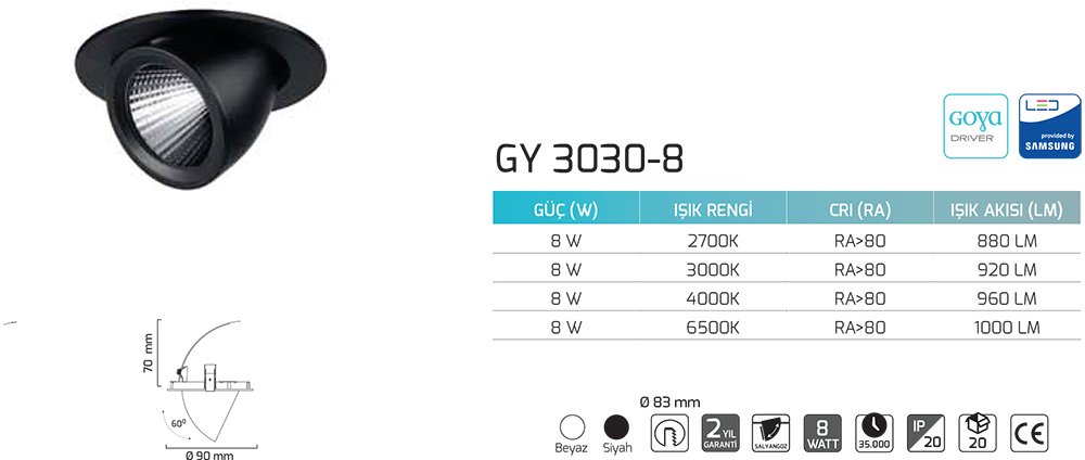 Goya Gy 3030-8 8 Watt COB Ledli Mağaza Armatür detay