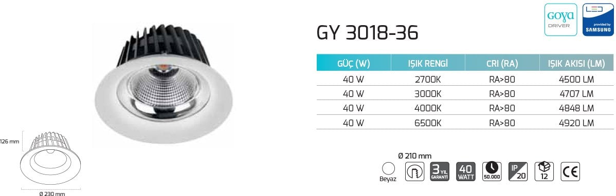 Goya Gy 3018-36 COB Ledli Mağaza Armatür