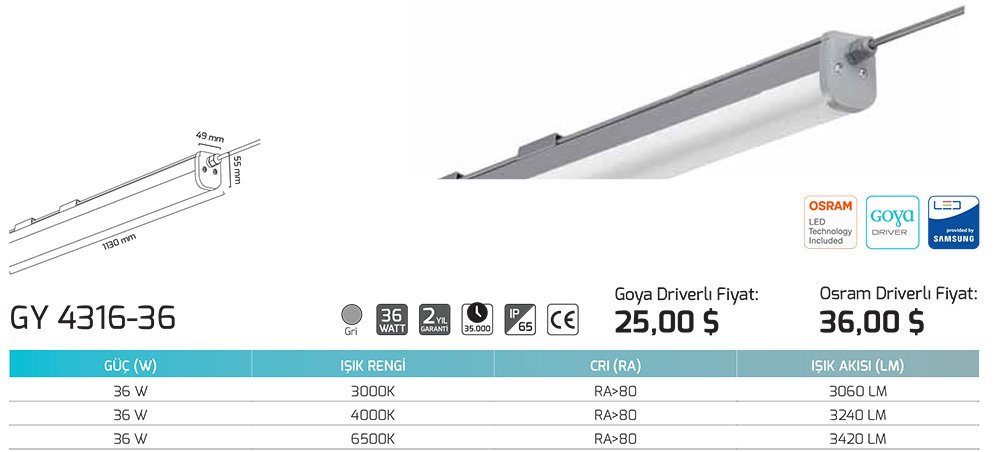 Goya Gy 4316 36 Watt Ledli Etanj Armatür