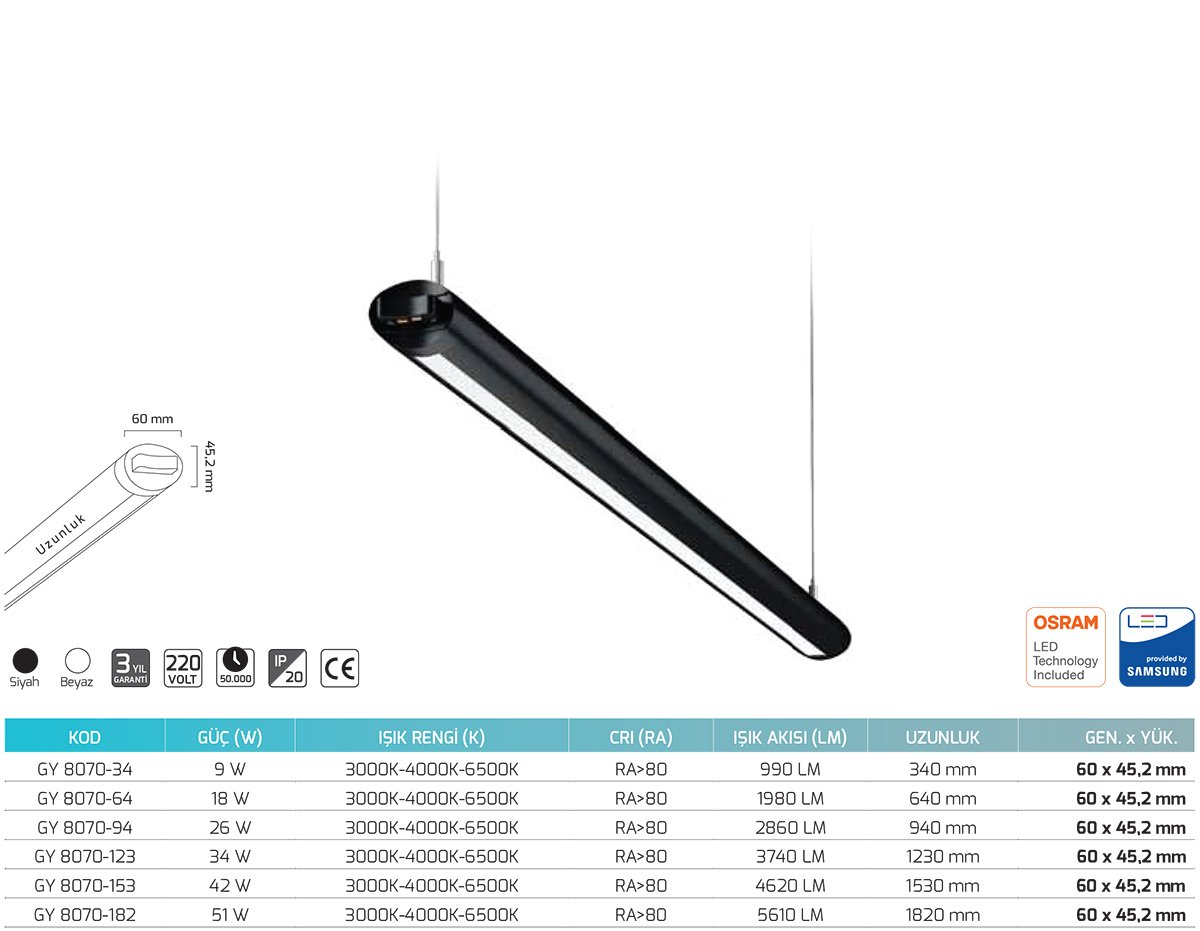 Goya Gy 8070-34, Gy 8070-64, Gy 8070-94, Gy 8070-123, Gy 8070-153, Gy 8070-182 Watt Sarkıt Linear Armatür Teknik Detay