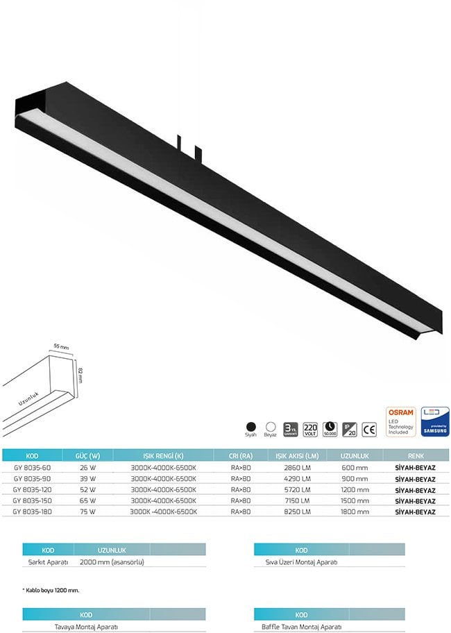 Goya 8035-180 75 Watt Sıva Üzeri Sarkıt Linear Armatür Teknik Cizim