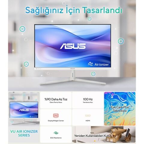 ASUS 27'' IPS VU279HFI-W IPS 1MS 100HZ 1920X1080 MAVİ IŞIK FİLİTRELİ HAVA İYONİZERLİ ÇERÇEVESİZ MONİTÖR