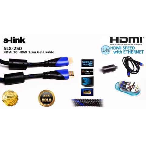 S-link SLX-250 HDMI TO HDMI 1.5m Altın Uçlu 24K + Kor.Kılıf 1.4 Ver. 3D Kablo