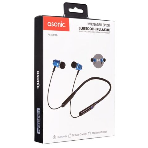 <![CDATA[Asonic AS-XBK65 Siyah/Mavi Boyun Askılı Mıknatıslı Bluetooth  TF Kart Spor Kulak içi Kulaklık]]>