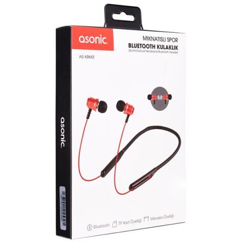 <![CDATA[Asonic AS-XBK65 Kırmızı Boyun Askılı Mıknatıslı Bluetooth TF Kart Spor Kulak içi Kulaklık]]>