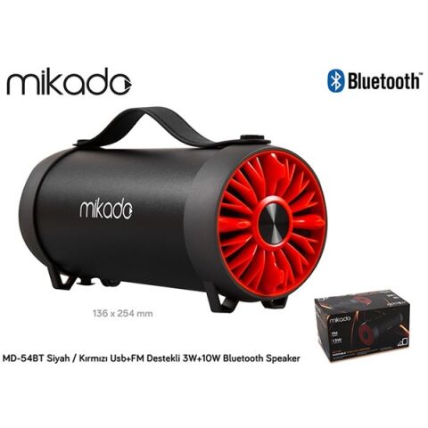 Mikado MD-54BT Gerçek 13W RMS USB+SD Süper Bass Bazuka Gövdeli Siyah-Kırmızı Bluetooth Speake