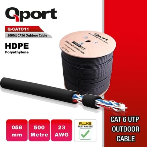 QPORT CAT6 Utp 23AWG Siyah 500m Outdoor Makaralı Kablo Q-CATO11
