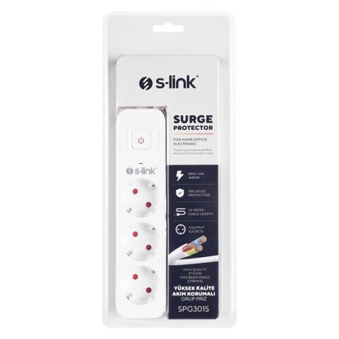 S-link SPG301S 1.5m 3x1.5mm 100% Bakır 750 Joule 3 lü Anahtarlı Akım Korumalı Priz