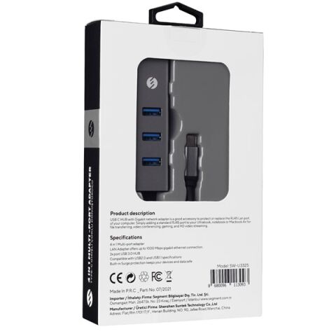S-link Swapp SW-U3325 4 in 1 Gigabit 1000Mbps 3 Port USB 3.0 Ethernet Type C Hub Adaptör