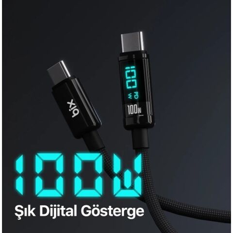 BİX BX09CC-BK SİYAH TYPE-C 100W 1 metre DİJİTAL EKRANLI ŞARJ VE DATA KABLOSU