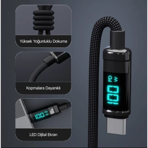 BİX BX09CC-BK SİYAH TYPE-C 100W 1 metre DİJİTAL EKRANLI ŞARJ VE DATA KABLOSU