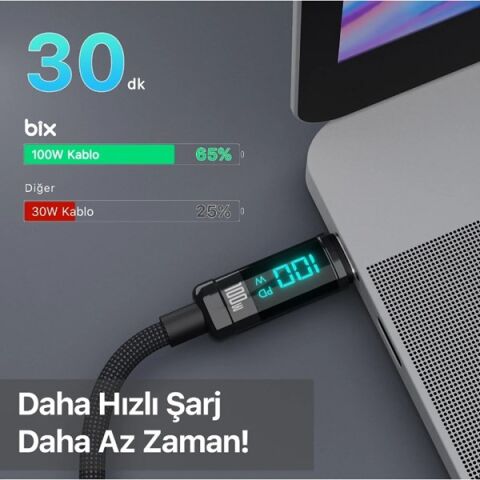 BİX BX09CC-BK SİYAH TYPE-C 100W 1 metre DİJİTAL EKRANLI ŞARJ VE DATA KABLOSU