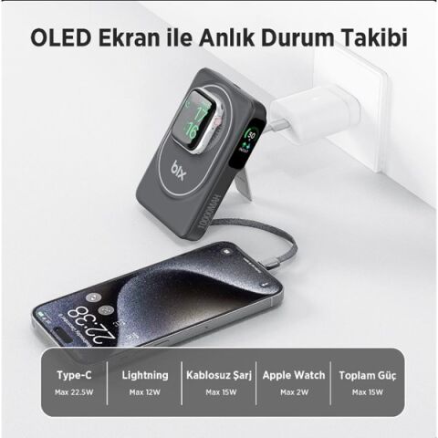 BİX 10000mAh TPB16-BK 6'SI 1 ARADA OLED EKRANLI Siyah KABLOSUZ POWERBANK