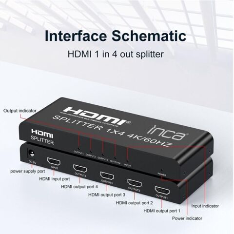 INCA 1port IHSK-460 1port HDMI (giriş) 4port HDMI (çıkış) 4K-60Hz HDMI Splitter