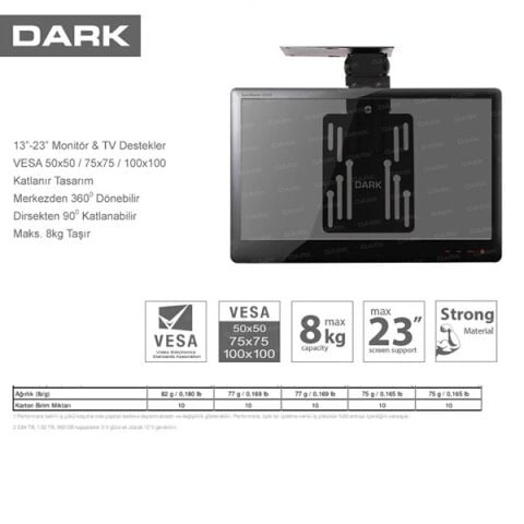 DARK 10/32'' DK-AC-VT22 Dolap-Raf Altı Siyah 1 kollu Monitör Askı Aparatı