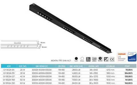 Goya Gy 8024-190 60 Watt Sıva Altı Linear Armatür