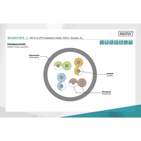 DIGITUS CAT6 Utp 23AWG Gri 500m Makara Saf Bakır Kablo 0.50mm DK-1614-VH-5